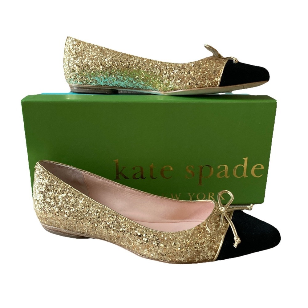 Kate Spade New York Nella Flats Size 9 Gold Glitter Black Toe‎ w/ Box